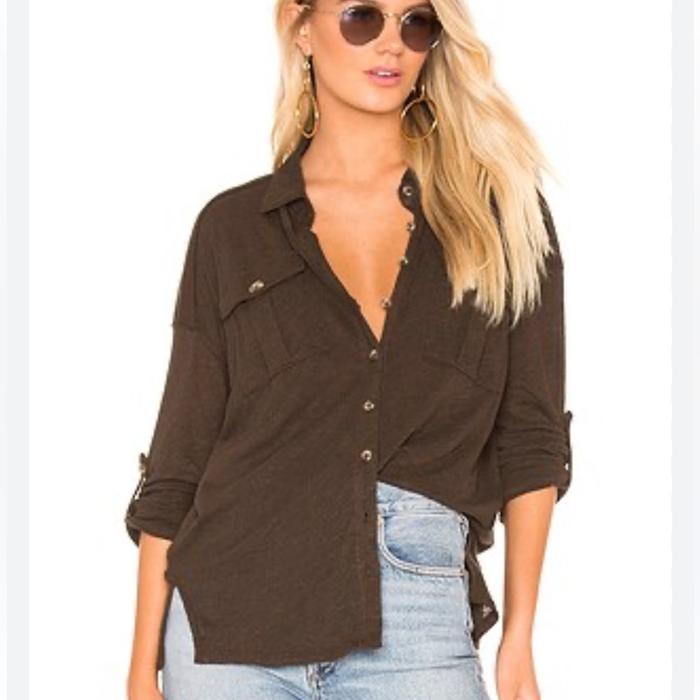 Free People Penelope Button Down Linen/Cotton Long Sleeve Top in Army, Size XS - Picture 4 of 10